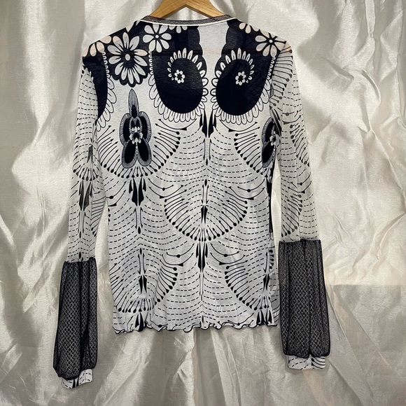 ANAC x Kimi VTG y2k Retro Mesh Lettuce Hem Long Bell Sleeve Graphic Print Top - Picture 4 of 4